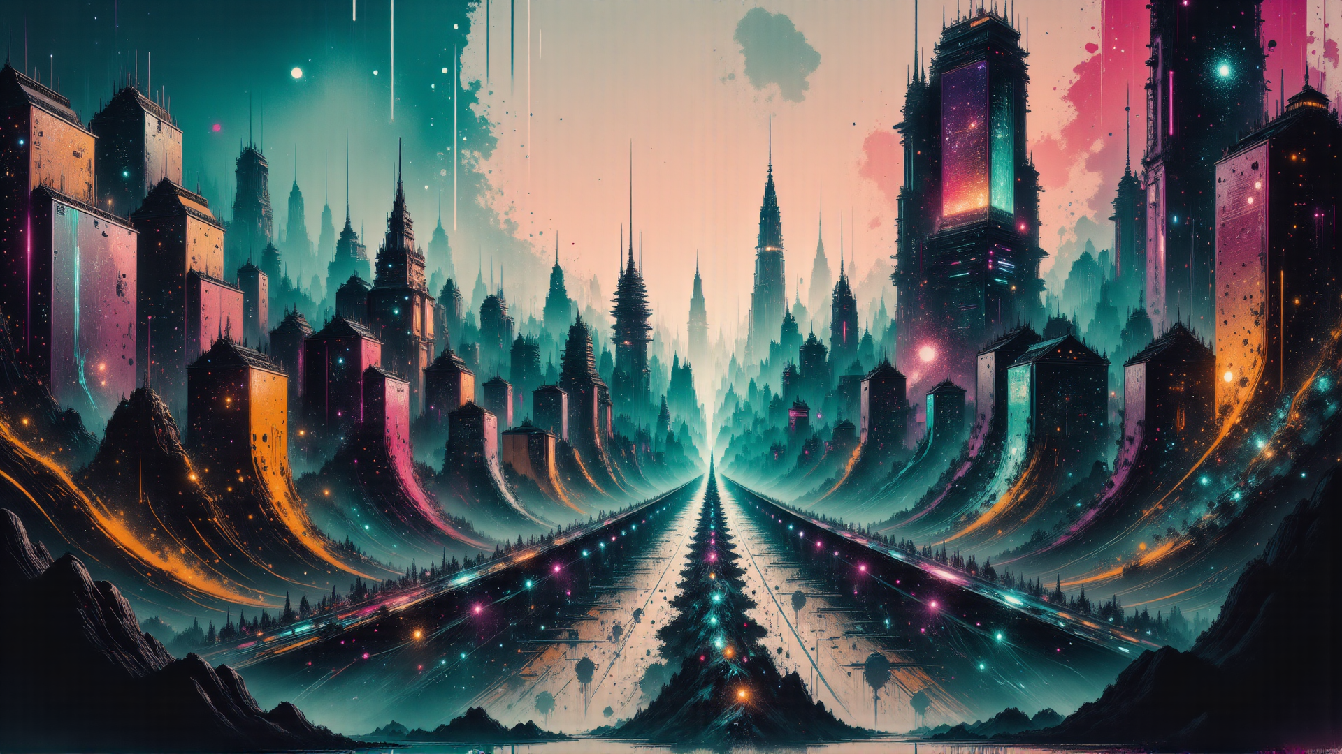 AI generated wallpaper featuring city, skyscraper, mountain, road, tree, building, structure, landscape, water, sky
