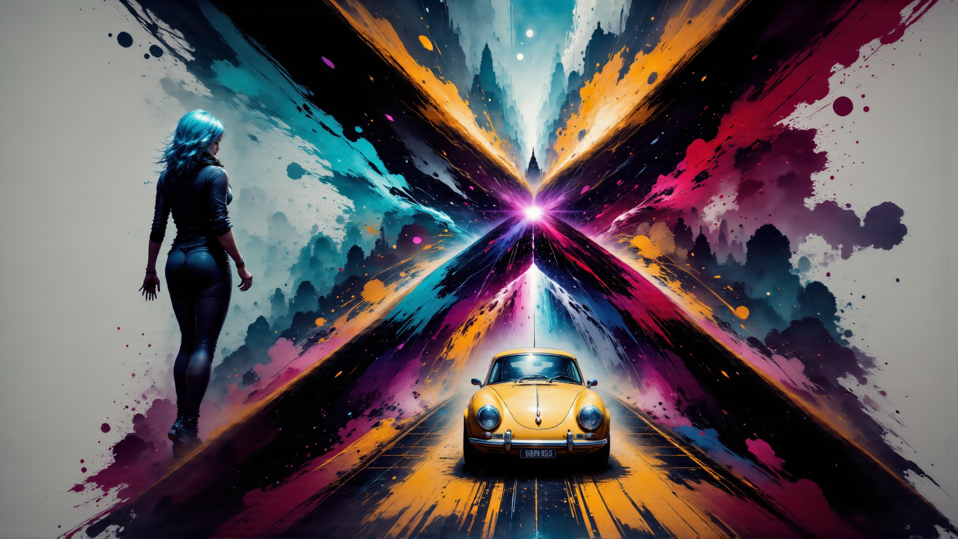 AI generated wallpaper featuring woman, car, road, cityscape, painting
