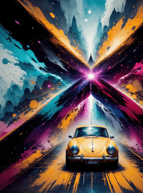 woman, car, road, cityscape, painting