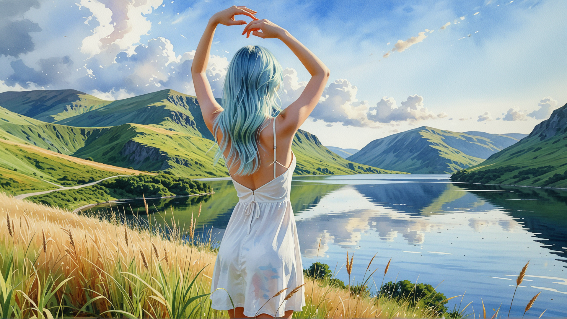 AI generated wallpaper featuring woman, lake, mountains, grass, sky