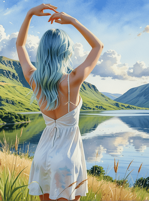 woman, lake, mountains, grass, sky