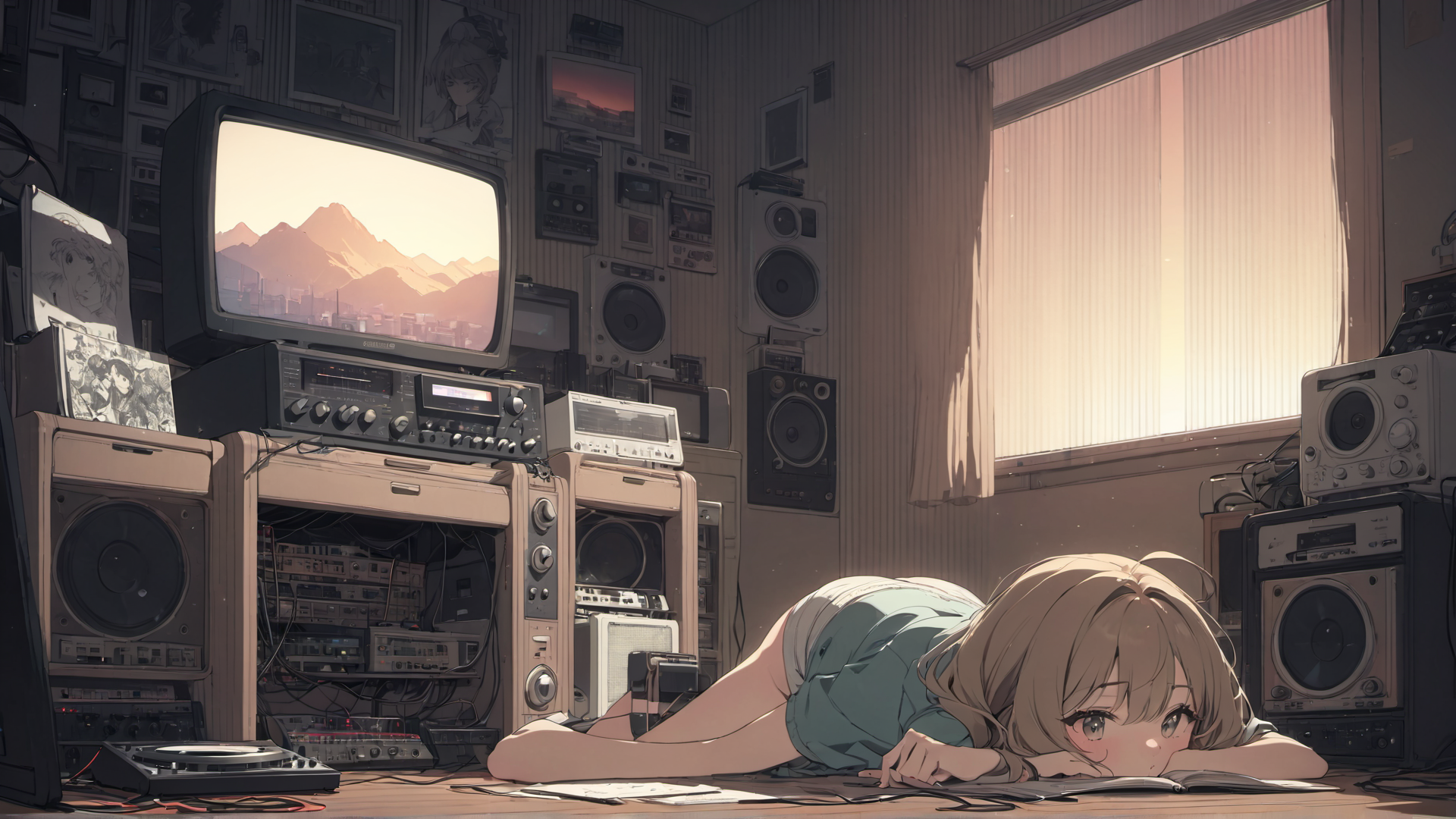 AI generated wallpaper featuring girl, room, electronics