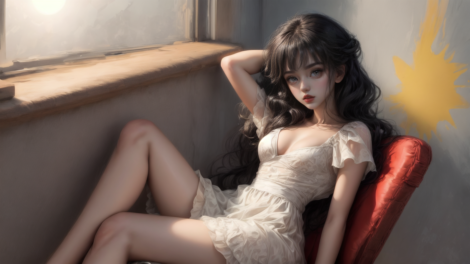 AI generated wallpaper featuring woman, dress, chair
