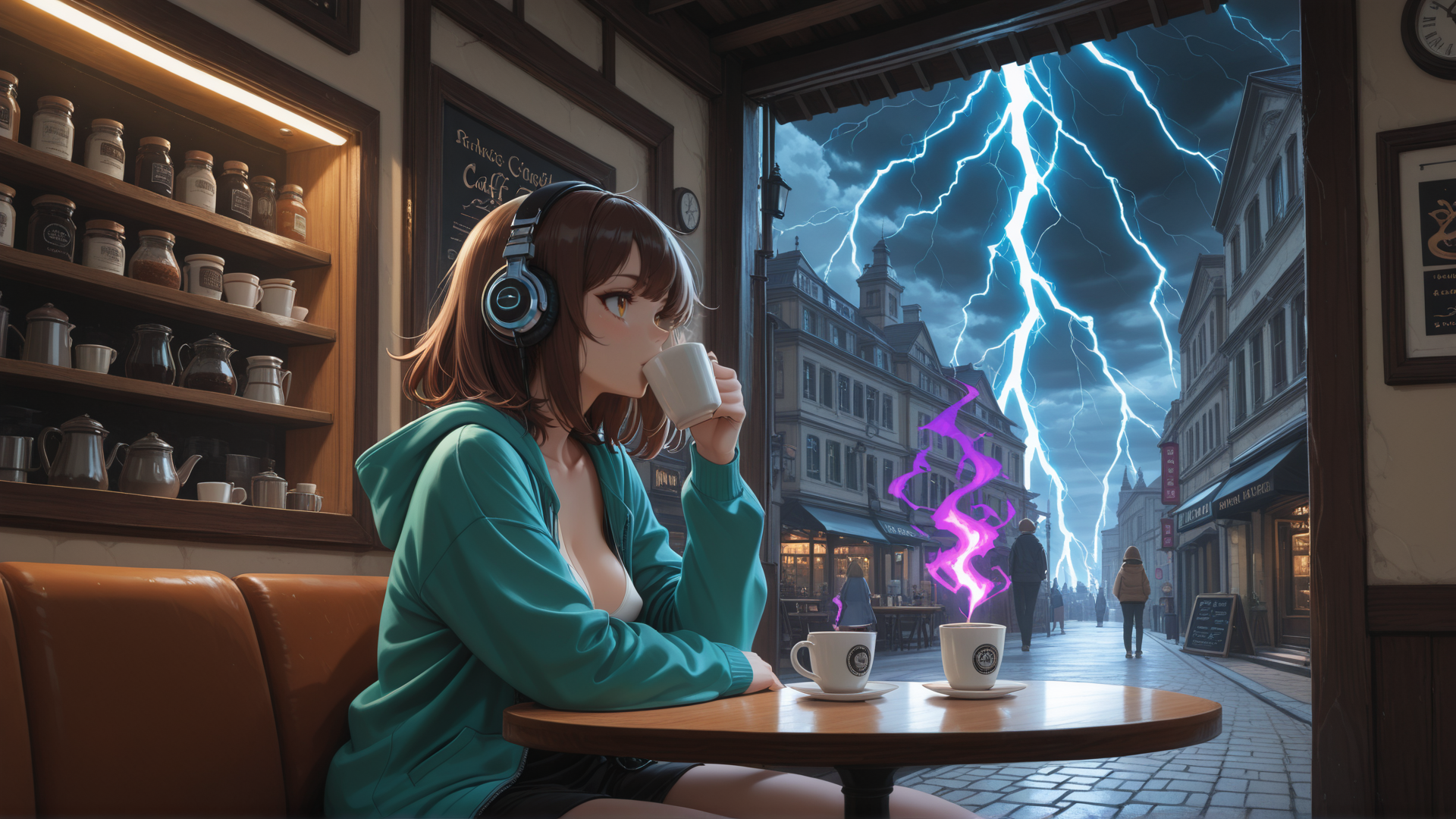 AI generated wallpaper featuring girl, coffee, headphones, cafe, street, lightning