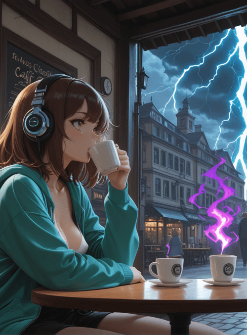 girl, coffee, headphones, cafe, street, lightning