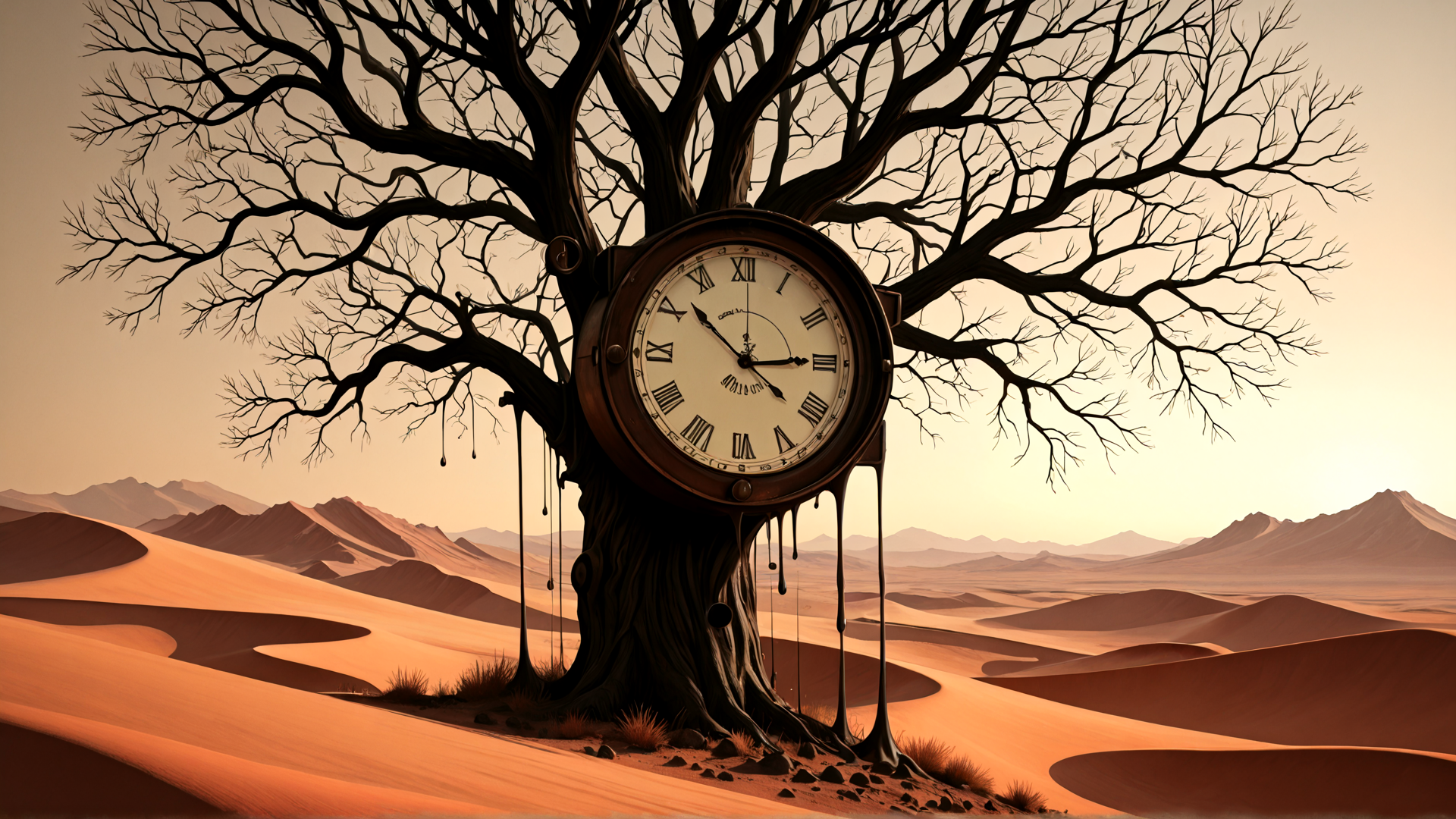 AI generated wallpaper featuring tree, clock, desert, mountains, branches