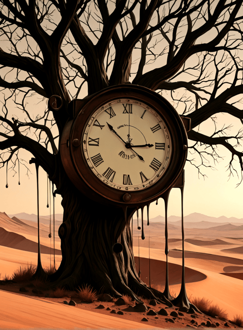 tree, clock, desert, mountains, branches
