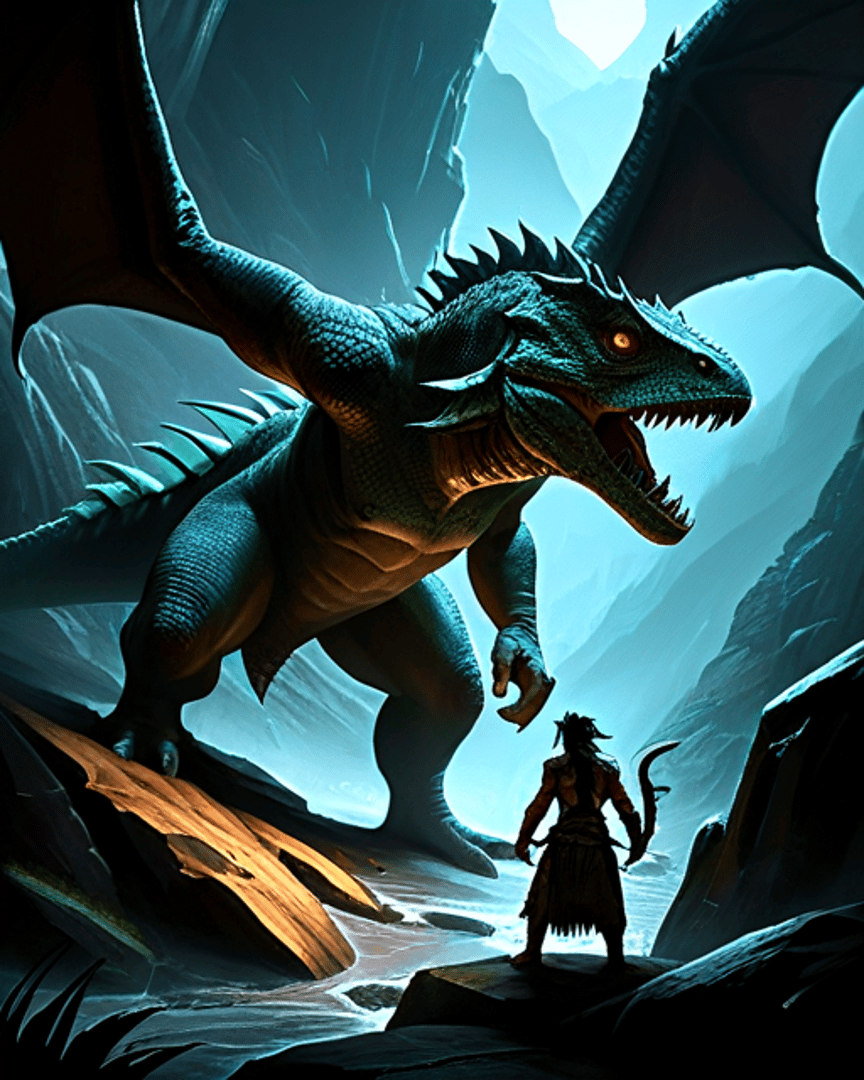 AI generated wallpaper featuring dragon, warrior, rock, mountain, water, spine, wing, scales, claws, antlers