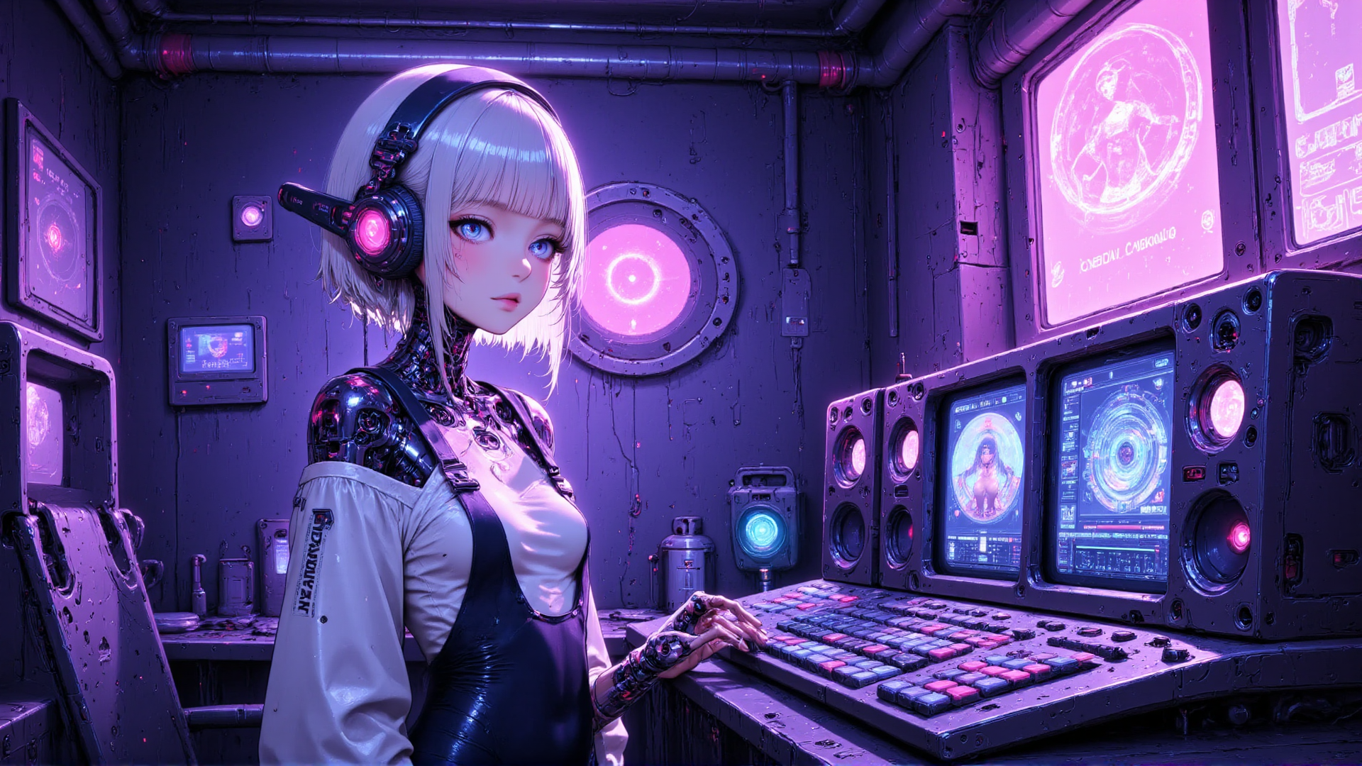 AI generated wallpaper featuring cyborg, girl, headphones, control panel, screens, gloves, pipes, monitor, overalls, hologram