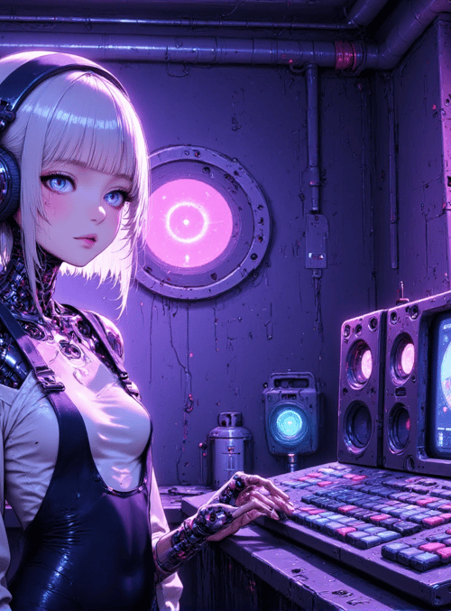 cyborg, girl, headphones, control panel, screens, gloves, pipes, monitor, overalls, hologram