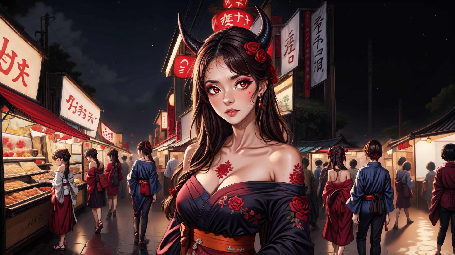 AI generated wallpaper featuring woman, devil horns, roses, kimono, market, street, sakura, banners, crowd, signs
