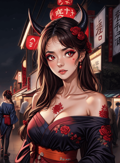 woman, devil horns, roses, kimono, market, street, sakura, banners, crowd, signs