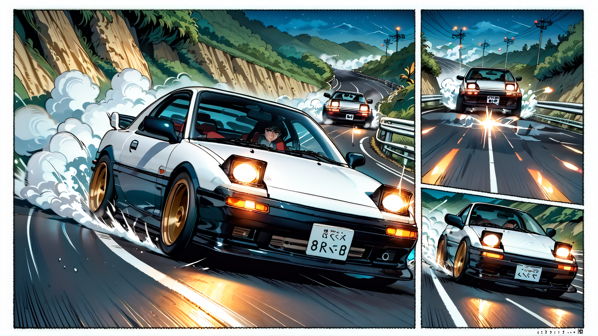 AI generated wallpaper featuring car, road, drift, mountains, night, speed, tire, license plate, clouds, race