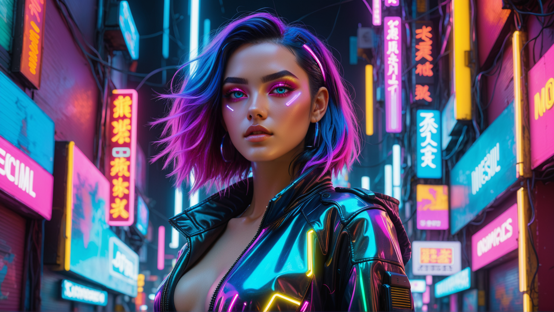 AI generated wallpaper featuring woman, neon, city