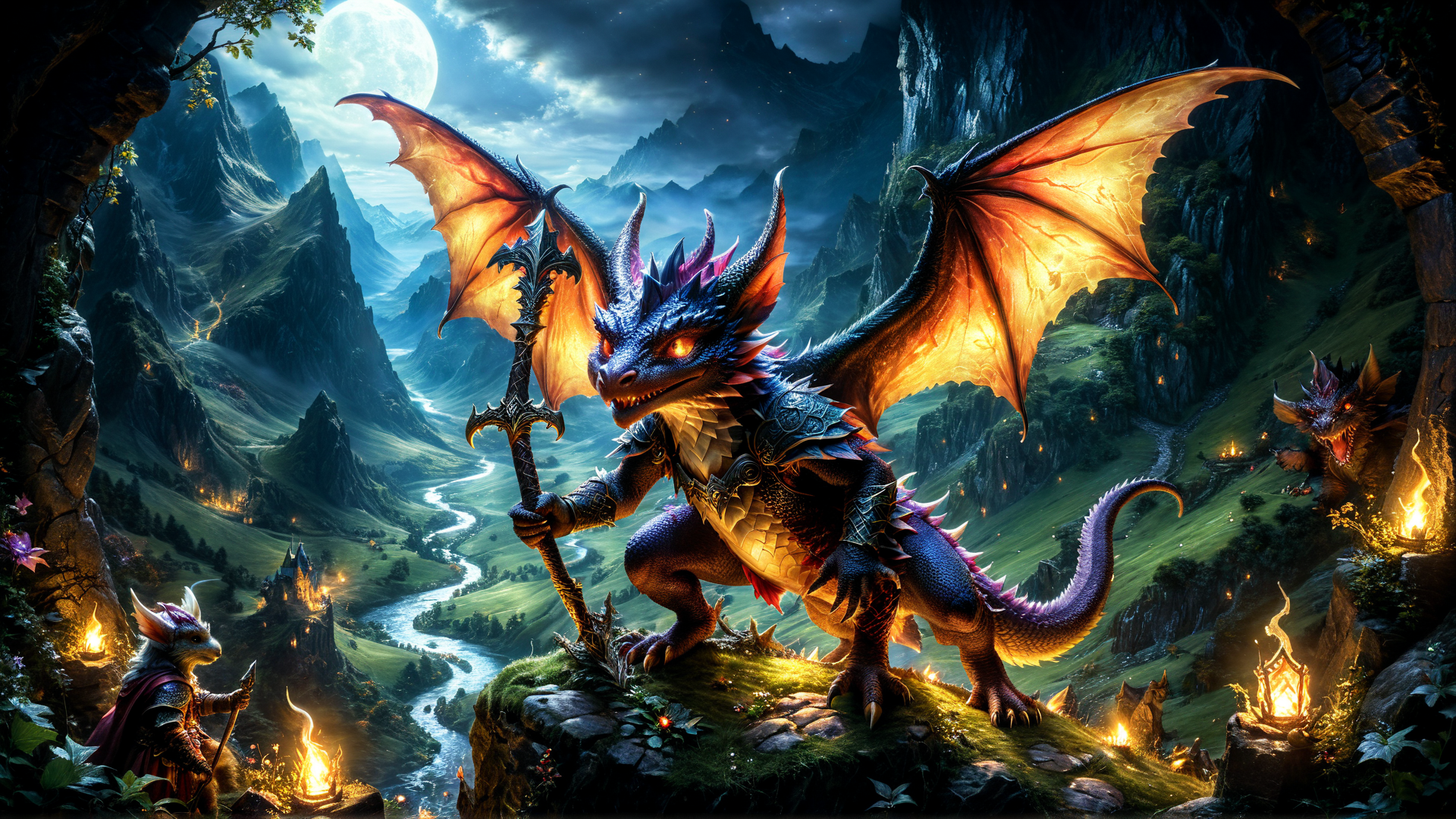 AI generated wallpaper featuring dragon, sword, rider, mountain, river, castle, fire, moon, forest, firefly