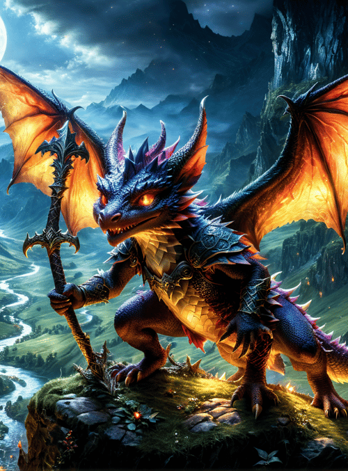 dragon, sword, rider, mountain, river, castle, fire, moon, forest, firefly