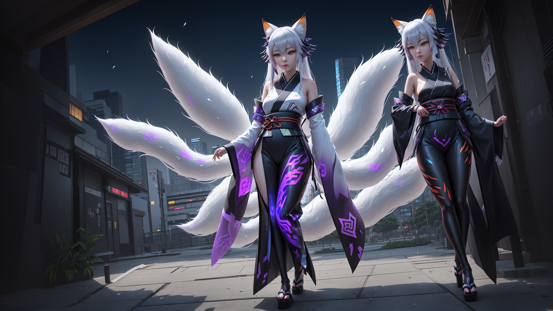 AI generated wallpaper featuring fox, women, anime
