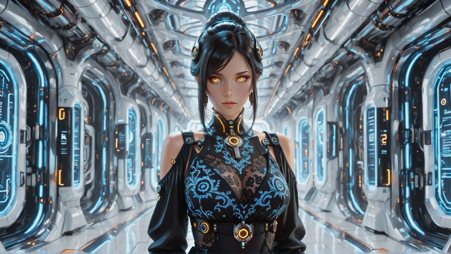AI generated wallpaper featuring woman, cyborg, spaceship, corridor, futurism