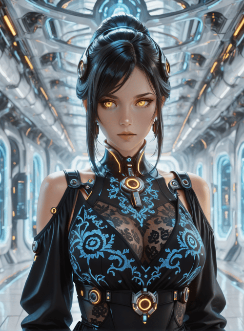 woman, cyborg, spaceship, corridor, futurism