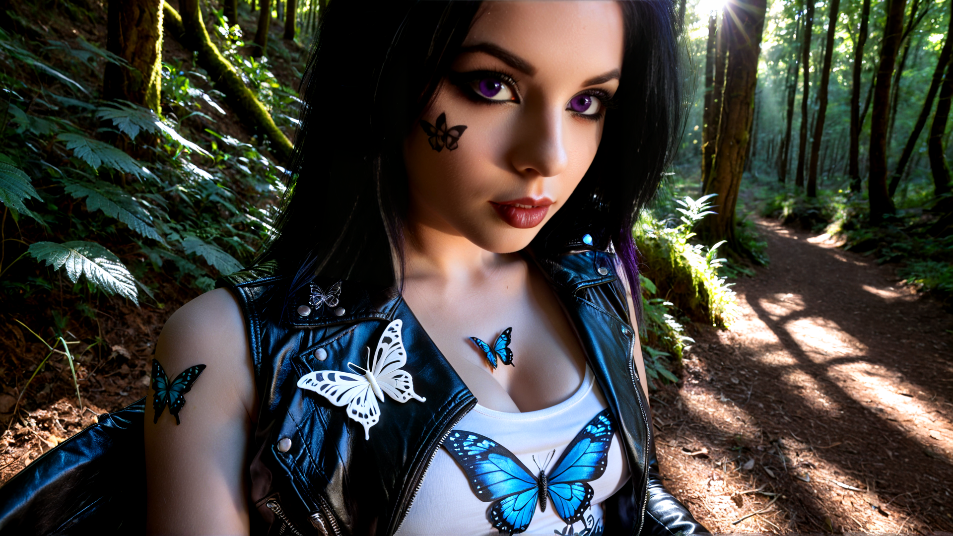 AI generated wallpaper featuring woman, butterfly, leather
