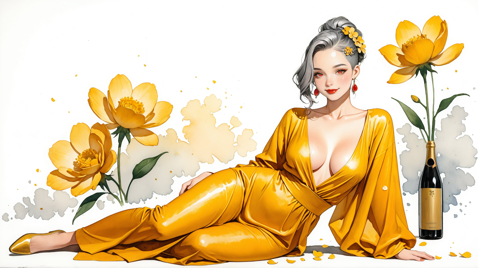 AI generated wallpaper featuring woman, flower, bottle, dress, shoe