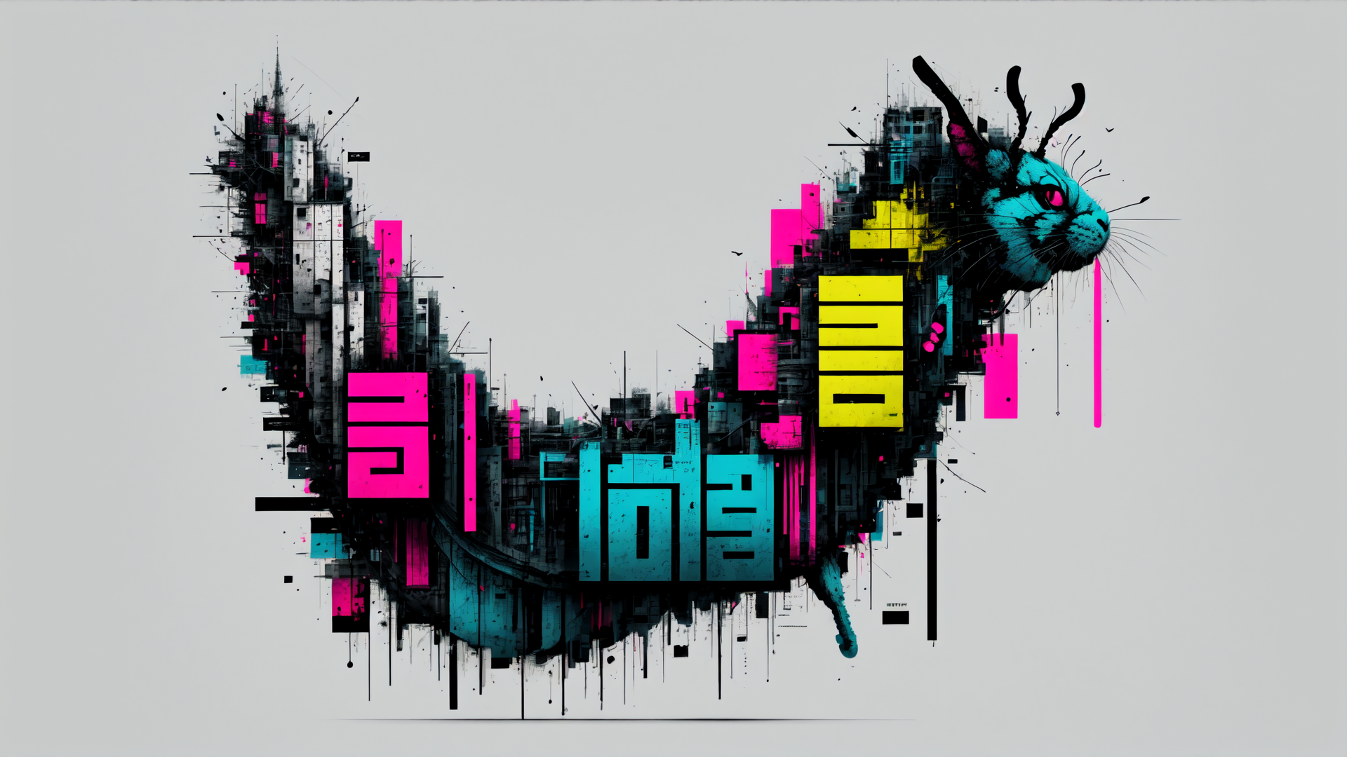 AI generated wallpaper featuring cat, cityscape, abstract, digital, text