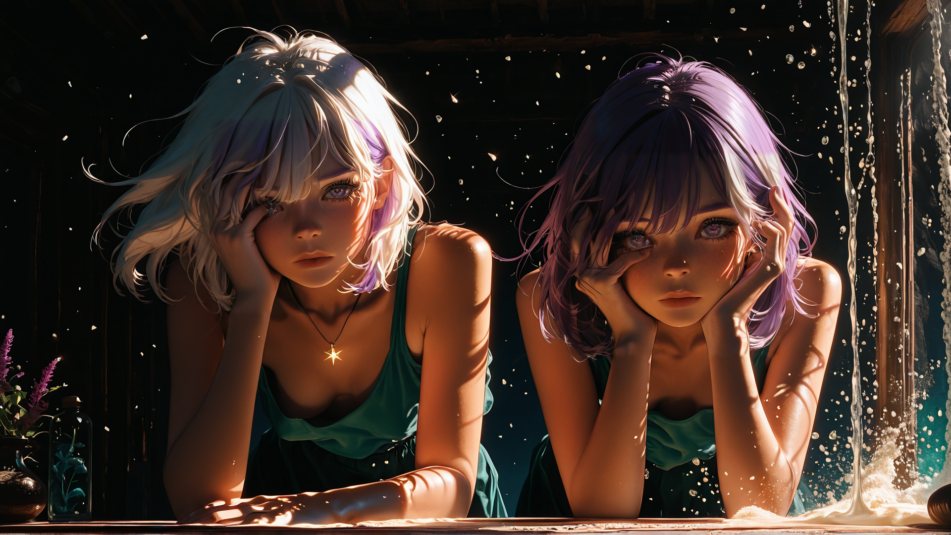 AI generated wallpaper featuring girls, mirror, water, flowers, bottle