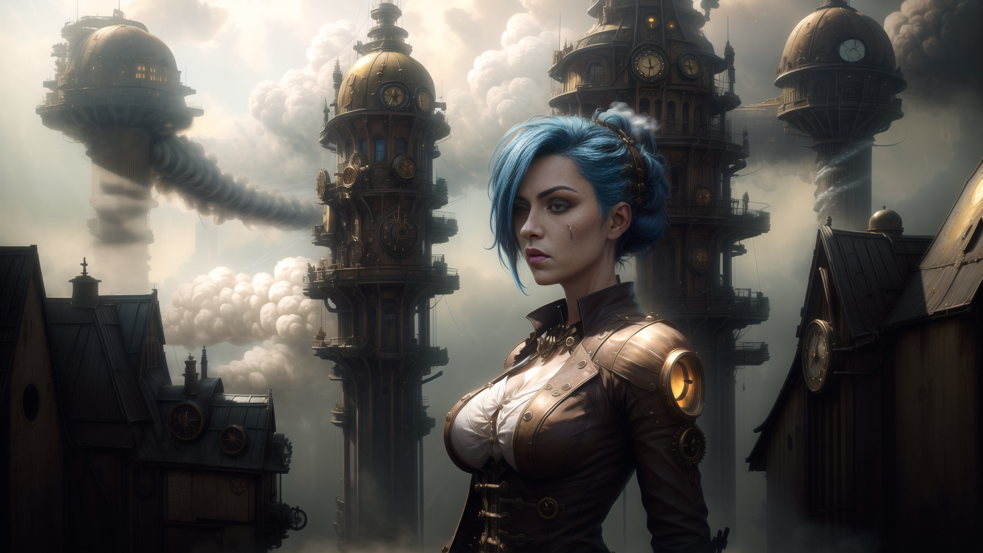 AI generated wallpaper featuring woman, clock towers, steampunk buildings