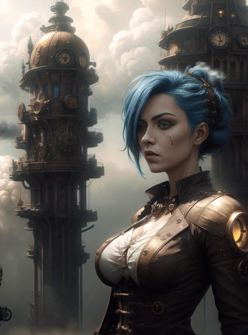 woman, clock towers, steampunk buildings