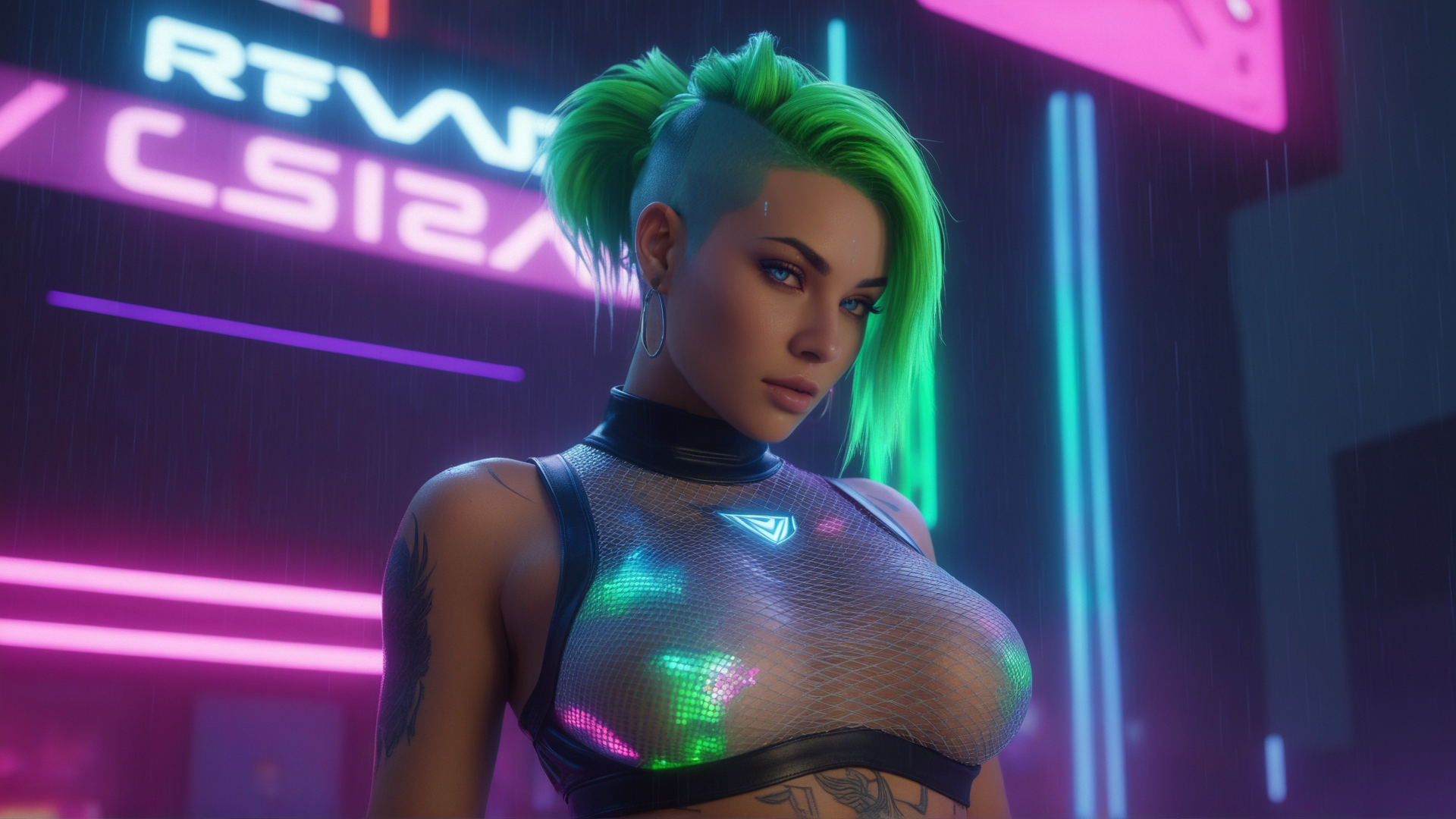 AI generated wallpaper featuring woman, neon, punk