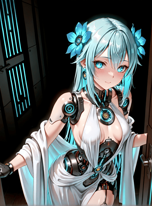 cyberpunk, anime girl, robot, door, flower, glove, mechanical arm