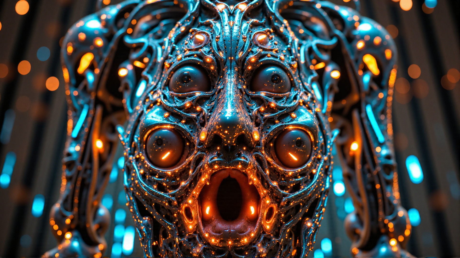 AI generated wallpaper featuring robot, face, machine, gears, light, structure, digital, artificial, surreal, cyber