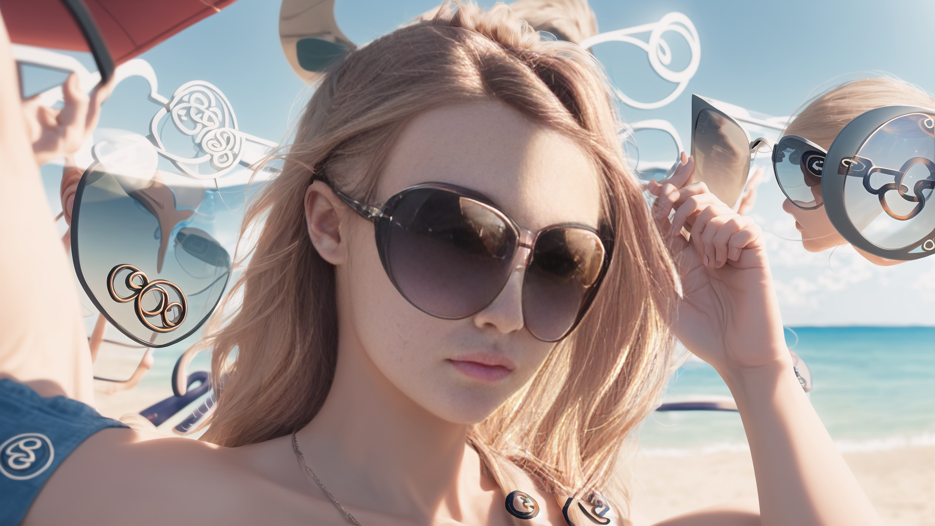 AI generated wallpaper featuring woman, sunglasses, beach