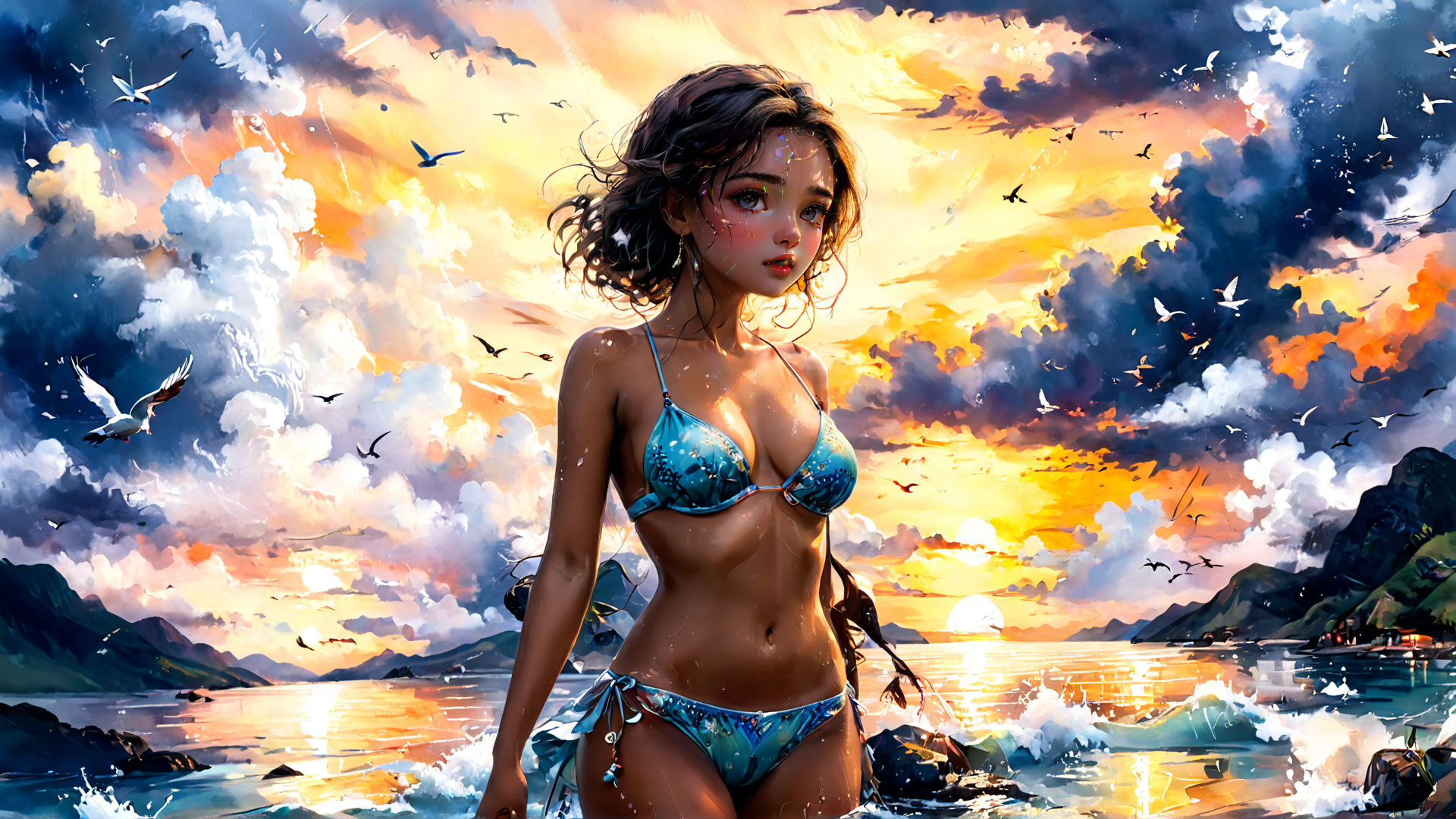 AI generated wallpaper featuring woman, beach, sunset