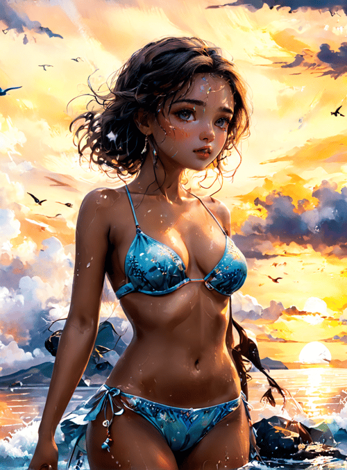 woman, beach, sunset