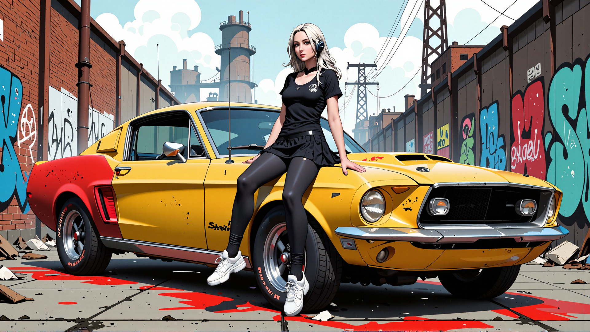 AI generated wallpaper featuring woman, car, graffiti, urban, street