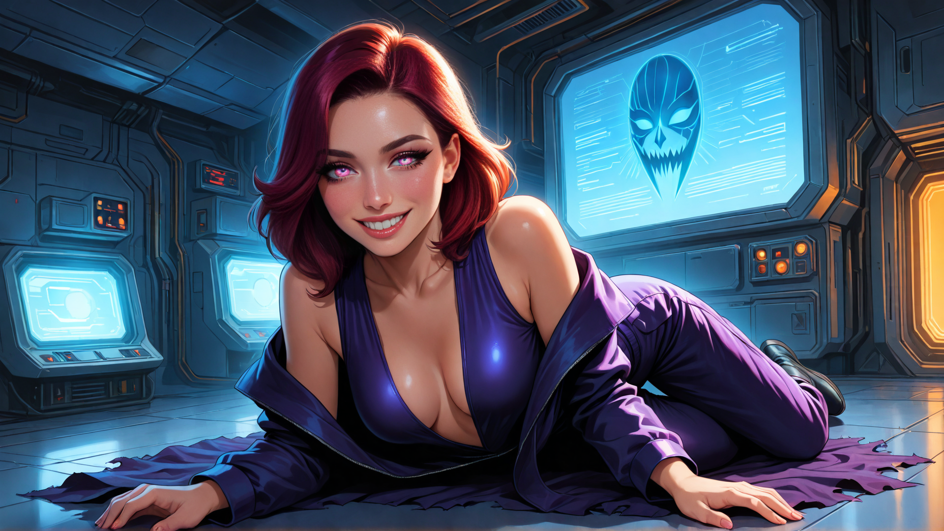 AI generated wallpaper featuring woman, spaceship, screen