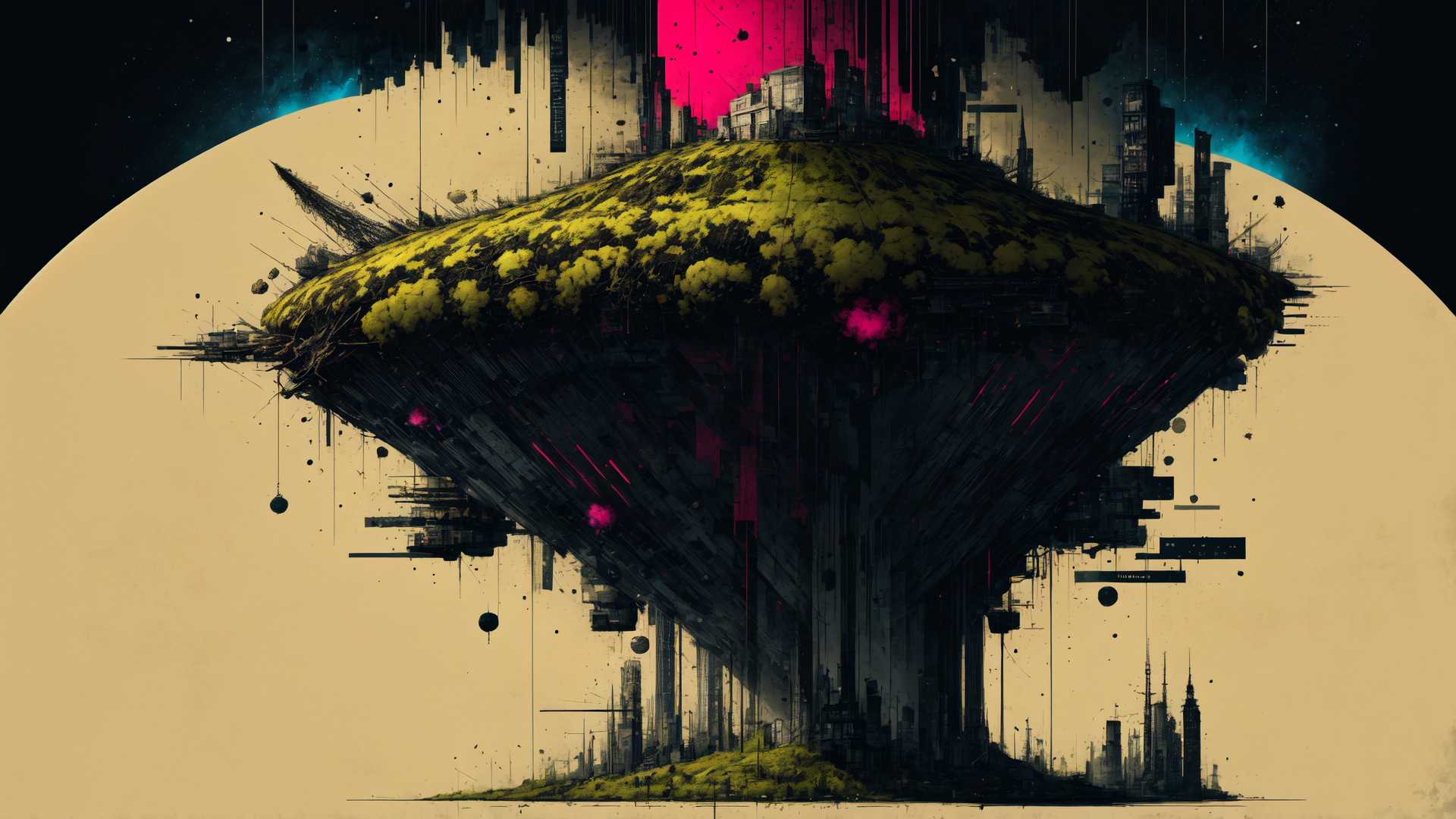 AI generated wallpaper featuring floating island, cityscape, graffiti, futuristic structure, urban landscape, sky city, art installation, digital art, abstract city, moody scene
