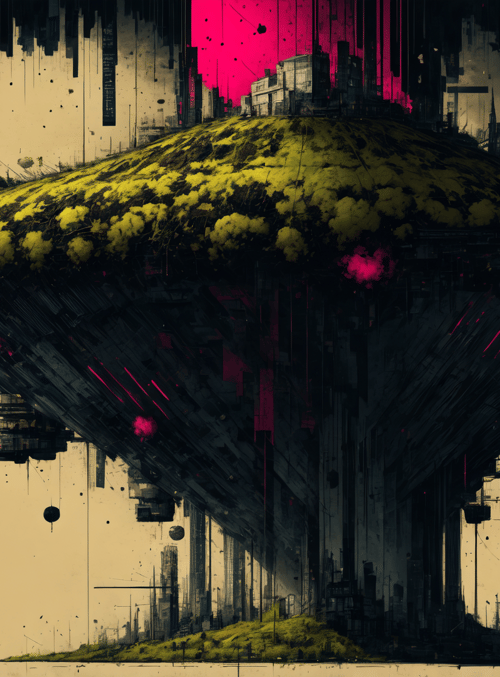 floating island, cityscape, graffiti, futuristic structure, urban landscape, sky city, art installation, digital art, abstract city, moody scene