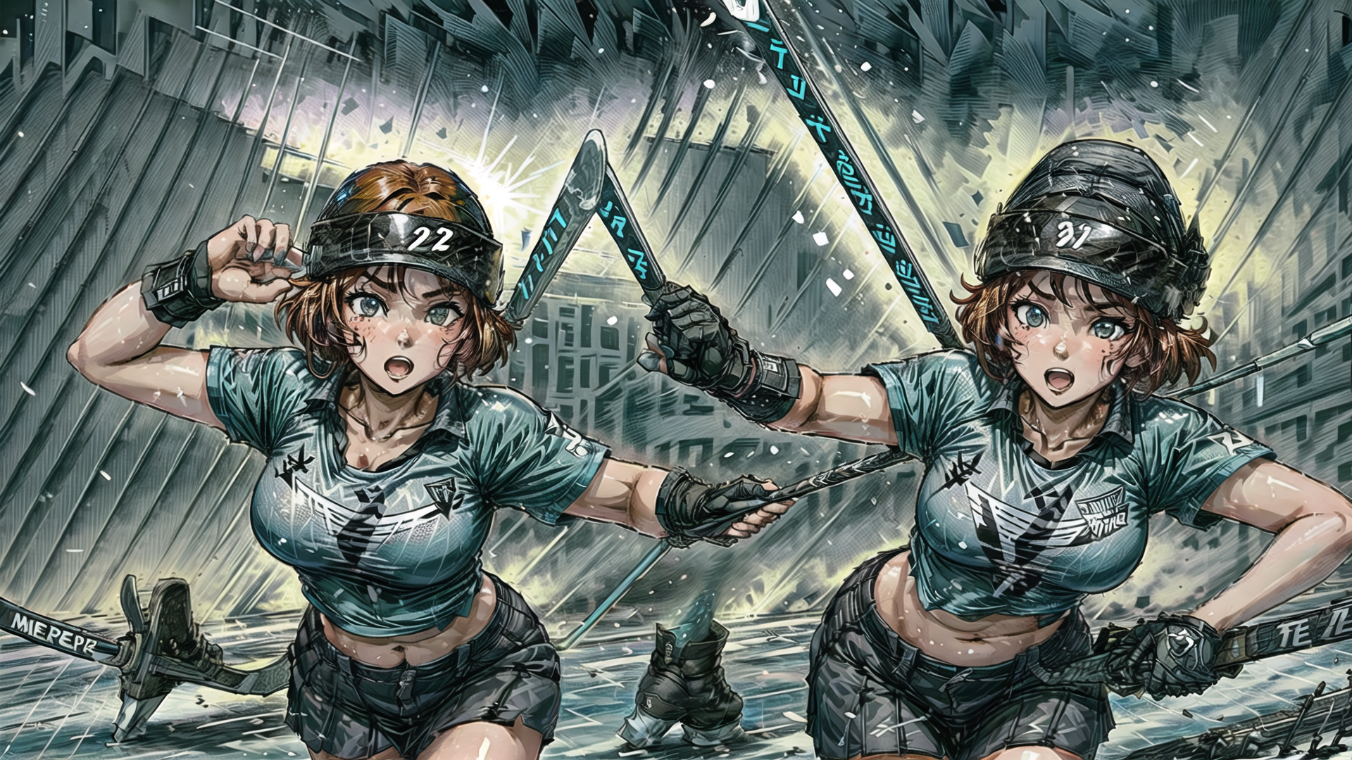 AI generated wallpaper featuring figure skaters, athletes, hockey, skates, helmets, jerseys, uniforms, ice, cityscape, snow