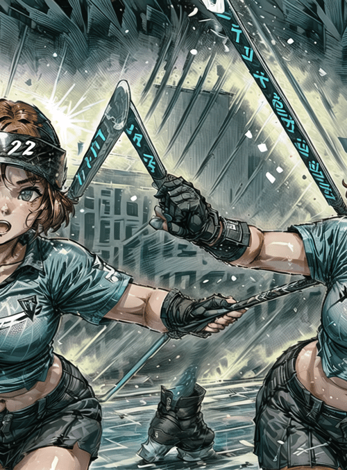 figure skaters, athletes, hockey, skates, helmets, jerseys, uniforms, ice, cityscape, snow