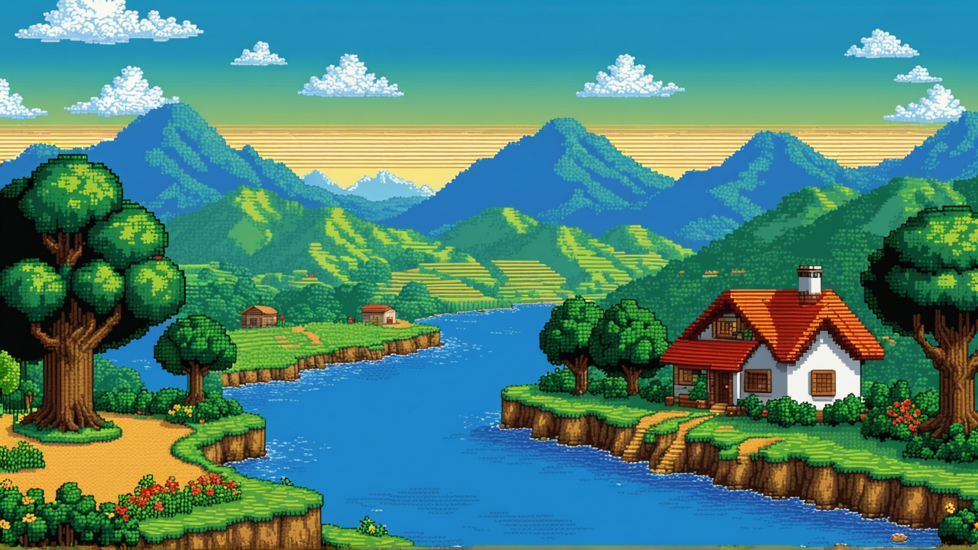 AI generated wallpaper featuring house, river, mountains