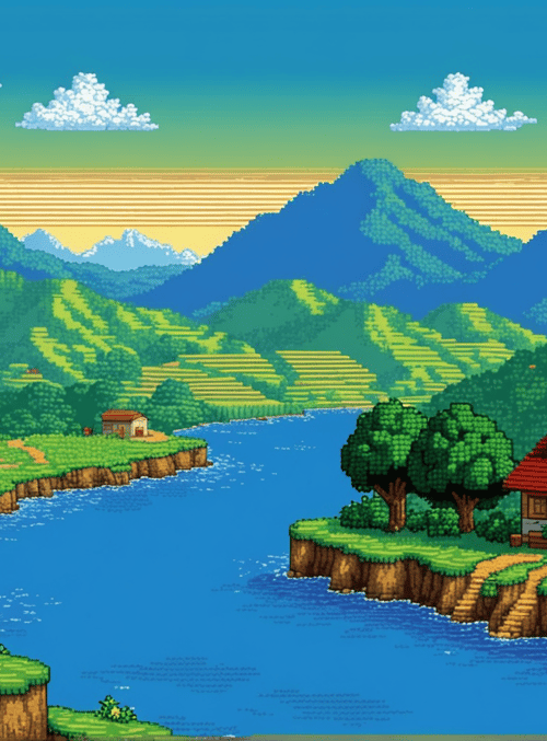 house, river, mountains