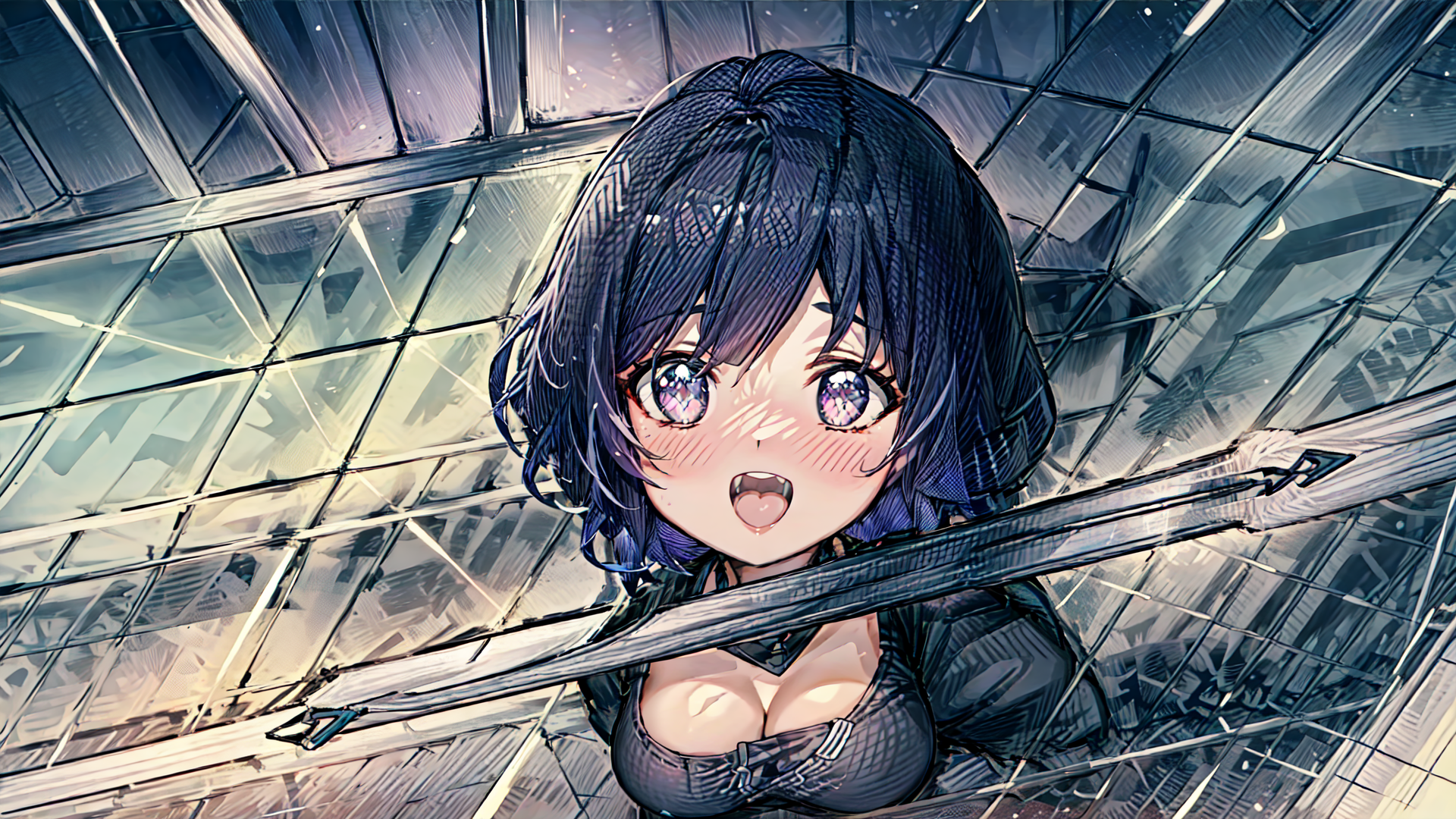 AI generated wallpaper featuring anime girl, cyberpunk, girl, character, sleek outfit, blue hair, purple eyes, metal structure, glass panels, futuristic