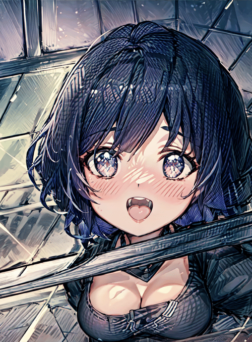 anime girl, cyberpunk, girl, character, sleek outfit, blue hair, purple eyes, metal structure, glass panels, futuristic