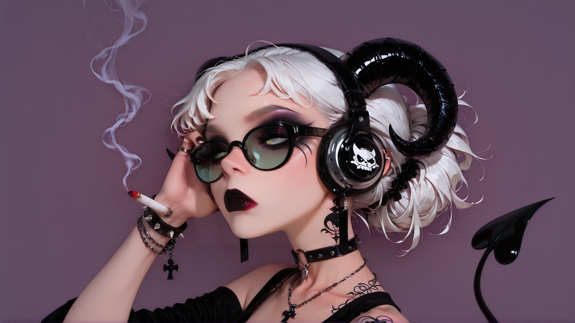 AI generated wallpaper featuring woman, ram horns, headphones, cigarette, glasses, choker, tattoo, cross necklace, white hair, devil tail
