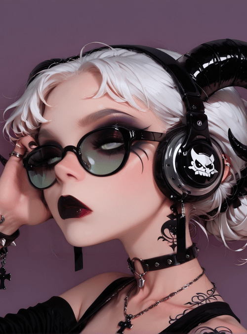 woman, ram horns, headphones, cigarette, glasses, choker, tattoo, cross necklace, white hair, devil tail