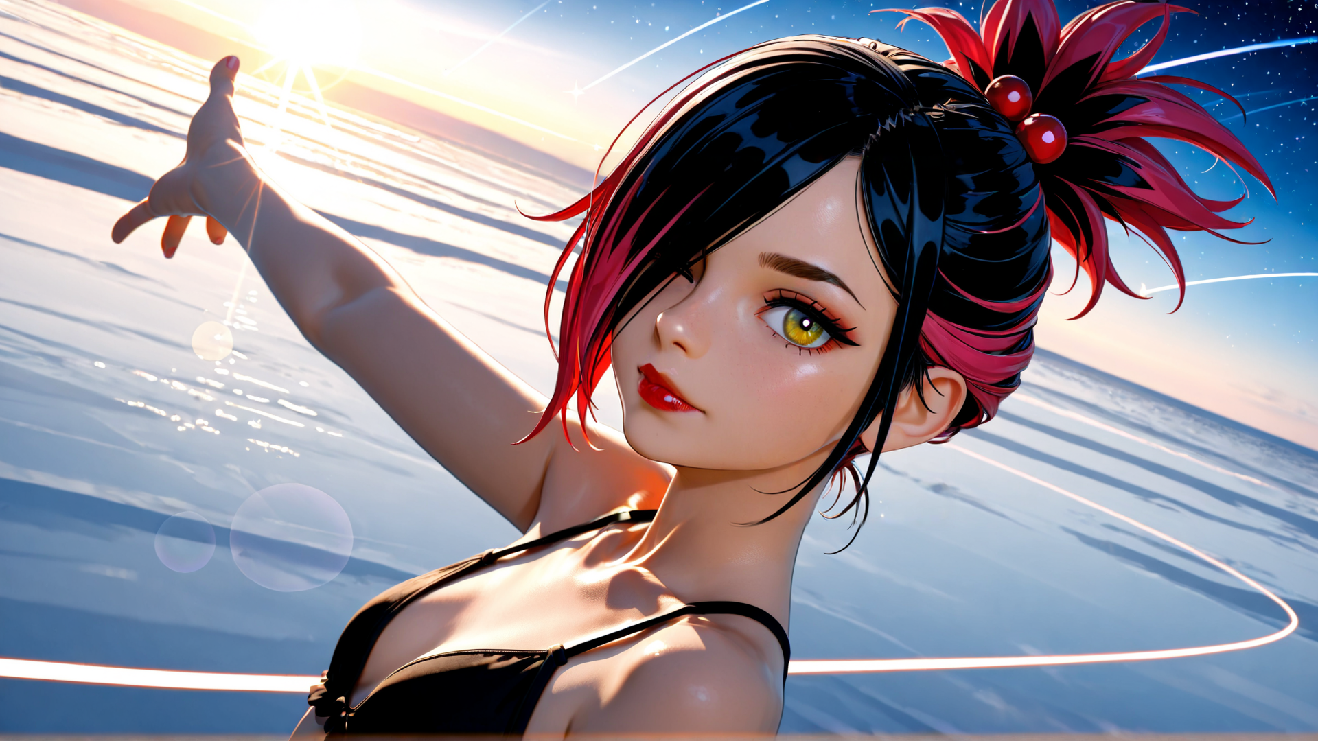 AI generated wallpaper featuring woman, sunset, ocean, sun, hair, sunglasses, swimsuit