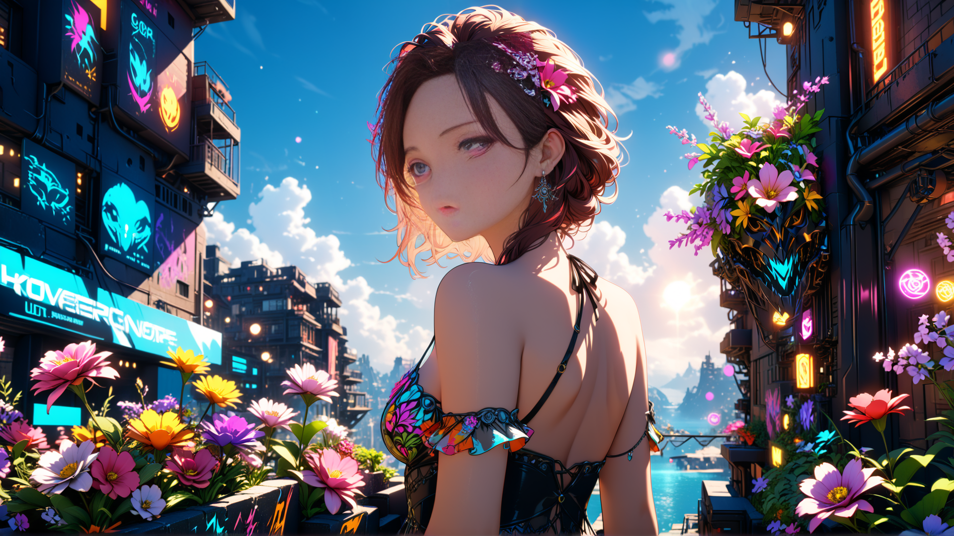 AI generated wallpaper featuring woman, cityscape, flowers
