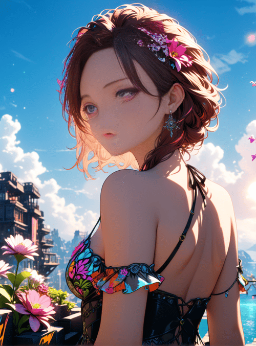 woman, cityscape, flowers